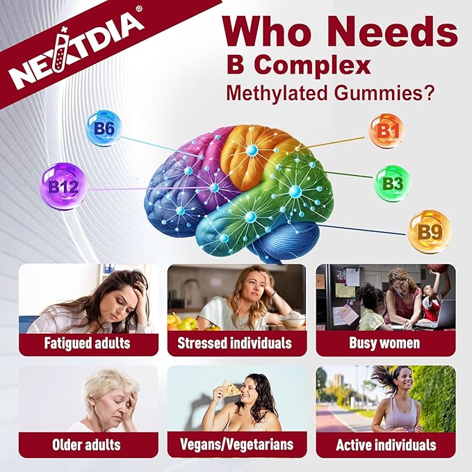 Nextdia Brain &amp Mood Support Gummies Super Vitamin B Complex for Men &amp Women All B Vitamin B1 B2 B3 B5 B6 B7 Folate MethyB12 with PABA Inositol Choline Supports MTHFR Gene &amp Energy V