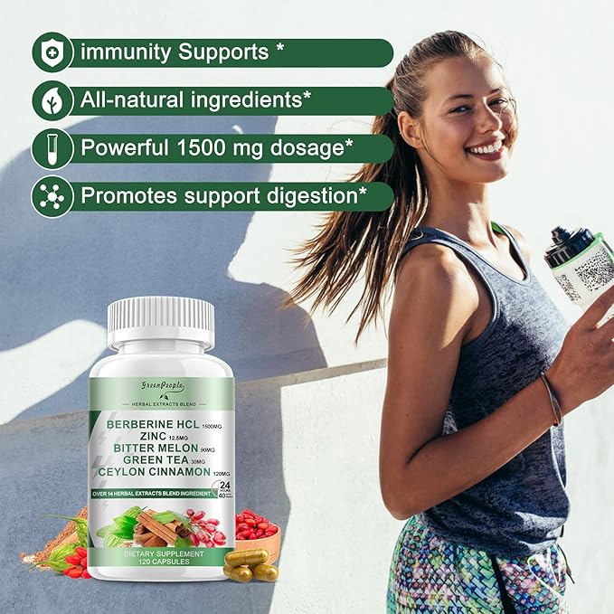 GREENPEOPLE Berberine Supplement with Ceylon Cinnamon - 120 Count Berberine 1500mg Berberine HCL Capsules with Bitter Melon/Artichoke Extracts &amp Natural Herbs for Immune Support 2 Pack