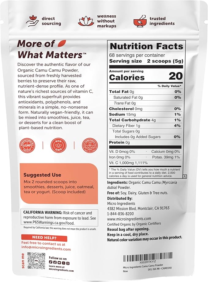 Micro Ingredients Organic Camu Camu Powder 12 oz | Freshly Harvested Berry Source | Source of Naturally Occurring Vitamin C | Non-GMO Vegan Friendly