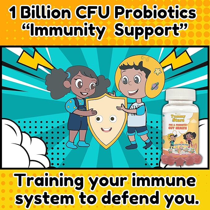 Tummy Stars Kids Multivitamin Gummies with Prebiotic &amp Probiotic + Fiber | Kids Vitamins for Gut Health Digestion Regularity &amp Immune Support | Vegan Children’s Gummies 60 Count