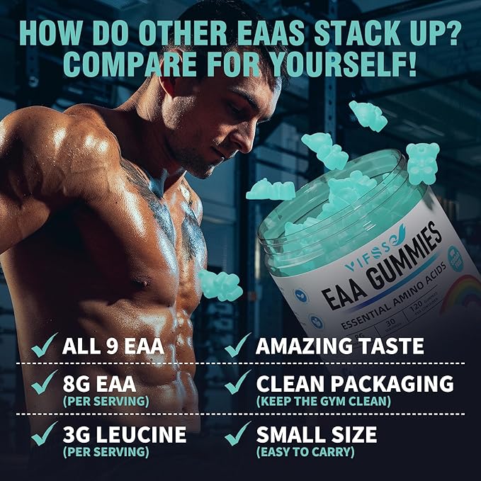 VIFSSG EAA Gummies 120 Gummies (Blue Raspberry) Essential Amino Acids - All 9 Essential Aminos (EAA) and All Branched-Chain Aminos (BCAAs) Non-GMO Gluten Free Vegetarian Friendly