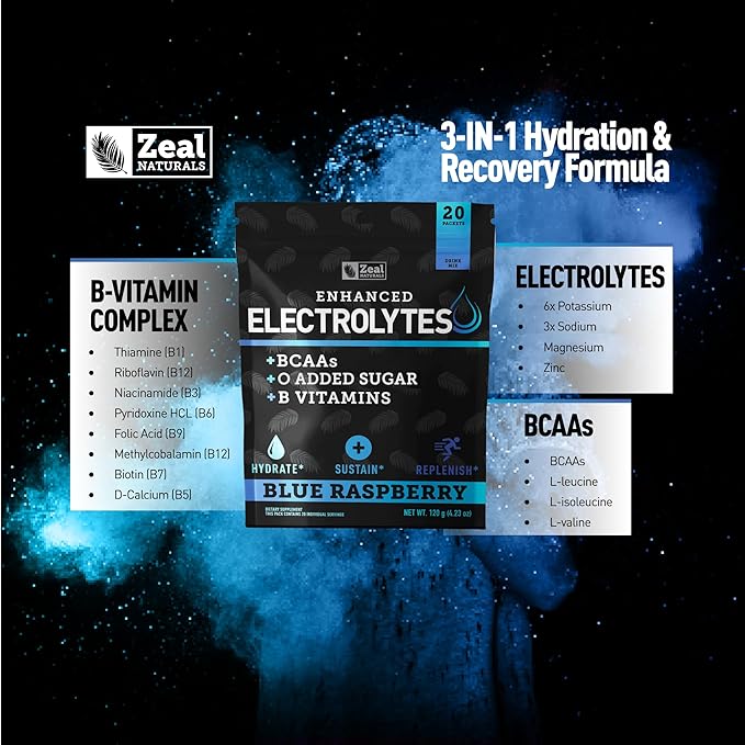 Enhanced Electrolyte Powder Stick Packs (Blue Raspberry | 20 Packets) w/ 0 Sugar +BCAAs +B-Vitamins Electrolyte Supplement w Potassium Zinc &amp Magnesium for Hydration - Keto Electrolytes