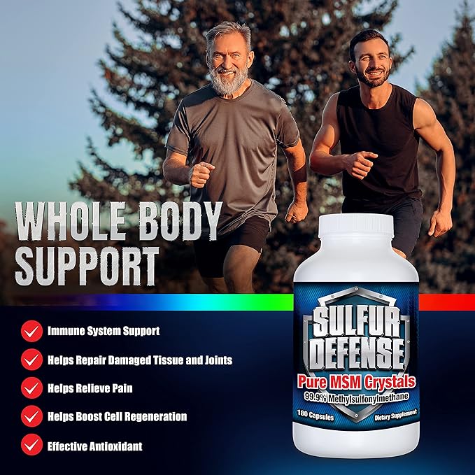 Sulfur Defense Opti-MSM 99.9% Pure MSM Powder Capsules Made in USA Organic Methylsulfonylmethane non-GMO Gluten-Free Immune System Booster Soothes Joint Pain Younger Skin Hair Nails 180 caps