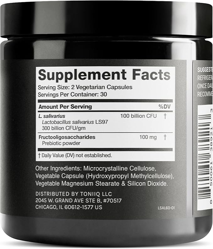 Toniiq 100 Billion CFU Lactobacillus Salivarius Probiotic - Highest Verified CFU Count - Third-Party Lab Tested for Potency - 60 Vegetarian Capsules - 30 Servings - TQ Verified