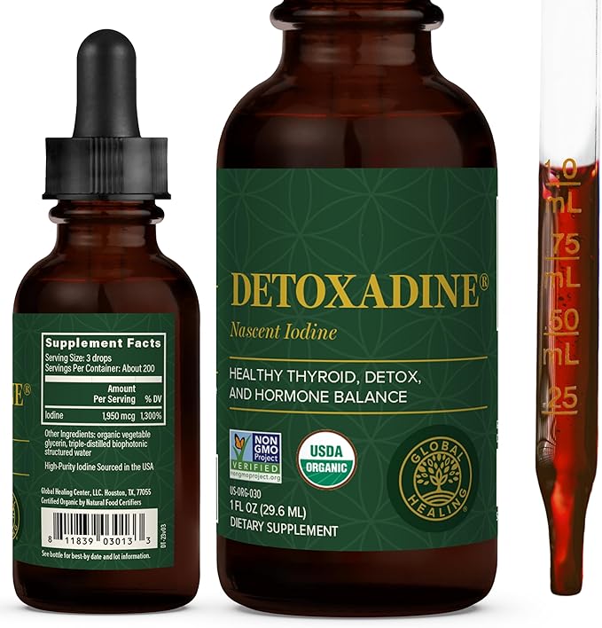 Global Healing Center - Detoxadine - Organic Nascent Liquid Iodine Supplement Drops for Thyroid Support Detox Cleanse and Metabolism - Non-GMO Vegan 200 Servings Iodine Drops (1 Oz)