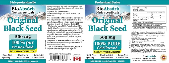 Bio Absorb Black Seed Oil Capsules 82-Day Supply Cold Pressed Pure Black Cumin Seed Oil (Nigella Sativa) (330 softgels 500mg)