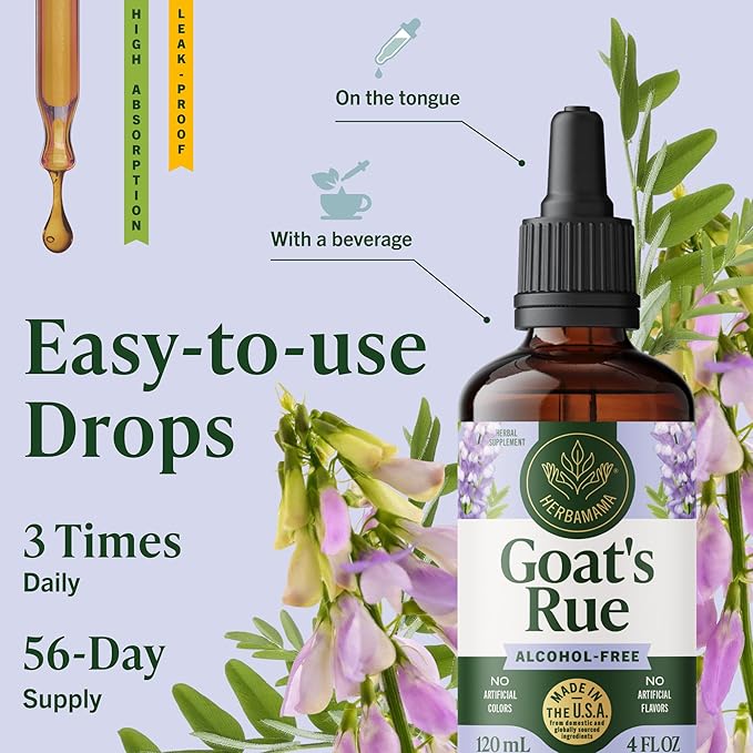 HERBAMAMA Goat's Rue Tincture - Vegan Lactation Support with Galega Officinalis Extract - Breastfeeding Support Drops - Non-GMO Alcohol &amp Sugar-Free Lactation Supplement 56-Day Supply