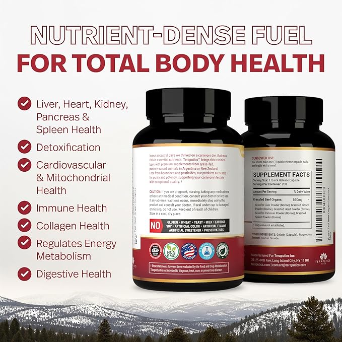 Premium Grass Fed Beef Organ Supplement for Women &amp Men | 200 Capsules | Pasture Raised Grain Free | Beef Liver Heart Kidney Pancreas Spleen | Carnivore Diet Non-GMO Desiccated Liver Pills Com