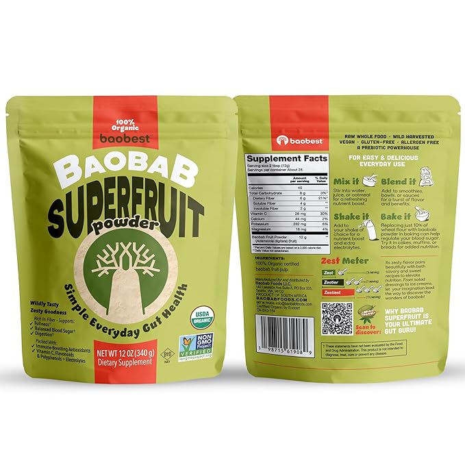 Baobest Organic Baobab Fruit Powder Raw Superfood with Vitamin C and Prebiotic Fiber for Immune Support and Gut Health Gluten-Free GLP-1 Support - 12 Ounce Bag