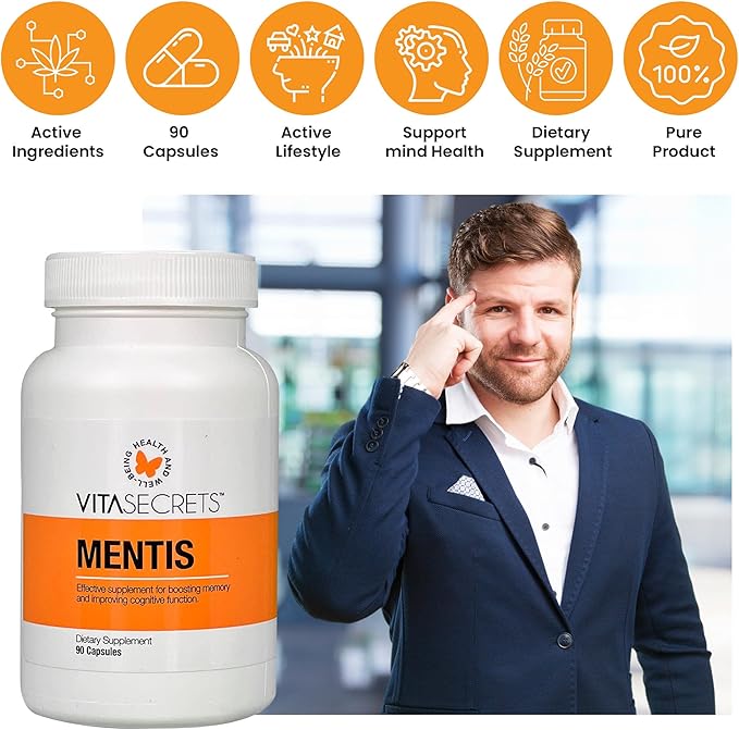 Vitasecrets Mentis Memory &amp Cognition Support Supplement - Concentration Clarity Cognitive Enhancement - Vitamins B6 B12 Ashwaganda Gingko Biloba| Gluten and GMO Free 90 Capsules