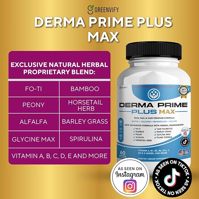 Derma Prime Plus Max Hair Skin Nail Supplement 60 Capsules with Biotin 5000mcg Vitamins Minerals Herbal Blend (1)