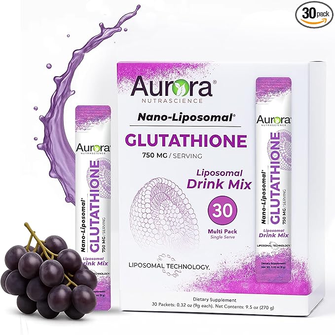 Aurora Nutrascience Nano-Liposomal Glutathione Drink Mix - 750 mg Liposomal Glutathione Supplement Antioxidant &amp Immune Support for Men &amp Women Sugar-Free Non-GMO - 30 Single Serve Packets