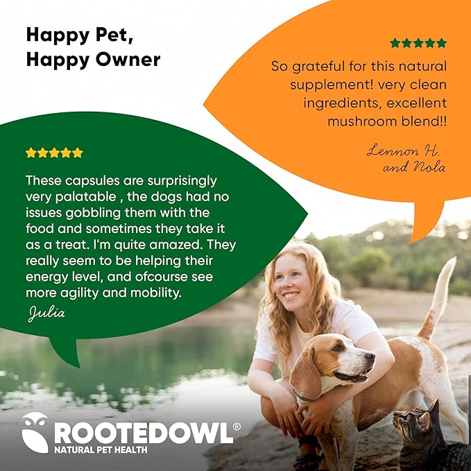 Rooted Owl Natural Immunity - Cat and Dog Immune Support - Triple Mushroom Supplement for Dogs &amp Cats with Reishi Shiitake and Maitake Mushrooms - 60/ct Vegan Capsules