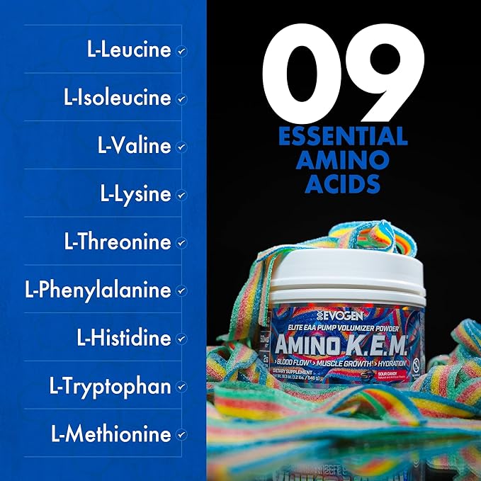 Evogen Amino K.E.M. - EAA &amp BCAA Powder Pump Volumizer | BCAAs Amino Acids Supplement for Blood Flow Muscle Growth &amp Hydration | Sour Candy | 30 Servings