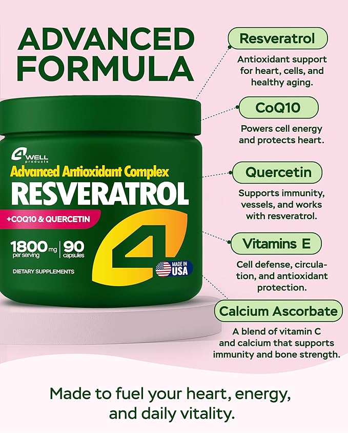 Resveratrol Supplement 1800mg Complex - COQ10 Quercetin Vitamin E Calcium Ascorbate - Powerful Antioxidant Formula for Enhanced Energy Heart Health &amp Healthy-Aging Support Trans Resveratrol 90