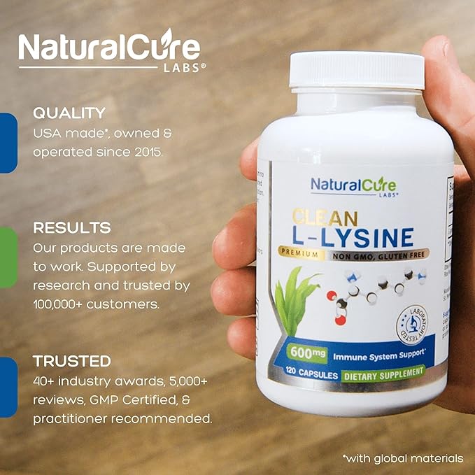 Natural Cure Labs Clean L-Lysine 600mg 120 Capsules | Vegan Non-GMO &amp Gluten Free