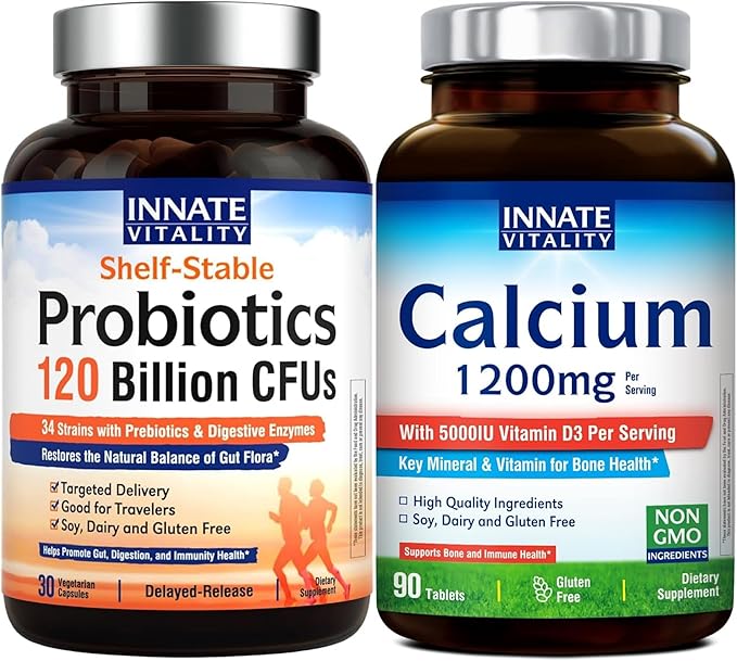 Innate Vitality Digestive &amp Bone Support Bundle – Multi-Strain Probiotics with Enzymes &amp Prebiotics + Calcium 1200 mg with High-Potency Vitamin D3 for Daily Strength &amp Balance
