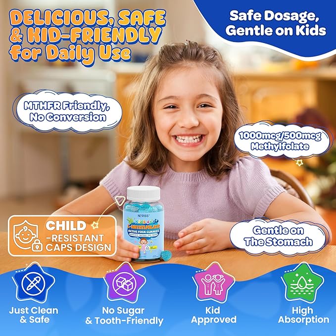 L Methylfolate 1000mcg for Kids Teens Gummies + Methyl B6 B12 Active 5-Mthf Methyl Folate MTHFR Supplement w/ Choline Omega-3 Magnesium Zinc for Focus Cognition Mood Energy Sugar Free Vean 120Cts