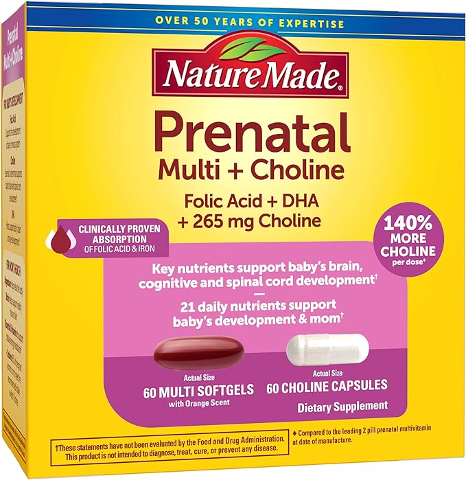 Nature Made Prenatal Vitamin Softgels + Choline Capsules Folic Acid + DHA + Choline 60 Prenatal Vitamins for Women 60 Choline Supplements Capsules 60 Day Supply