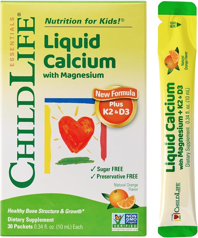 ChildLife Essentials Liquid Calcium Supplement for Kids Single Serve - Baby Calcium with Magnesium Vitamin D3 &amp K2 for Bone Support On The Go Nutrition - Orange Flavor 0.34 fl oz (30 Stick Pac