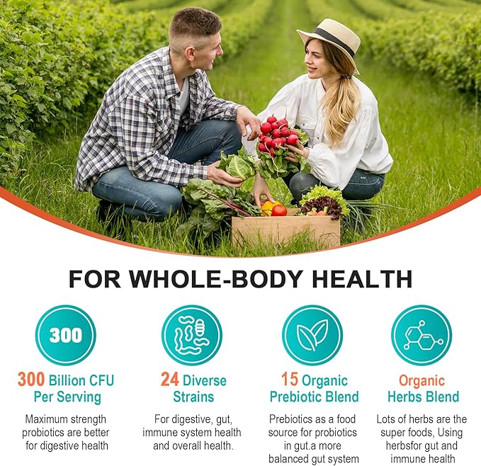 Probiotics for Women &amp Men - 300 Billion CFU 24 Strains Probiotic + 15 Organic Herbs Prebiotics Blend for Overall Digestive Gut Health Immune Constipation &amp Bloating Shelf Stable - 8 Mont