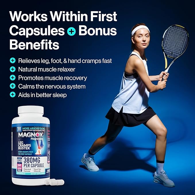 MAGNOX® Buster | Patented Clinically Tested 380mg Magnesium Supplement for Spasms &amp Leg Cramps at Night | One Capsule a Day for Almost Full Dosage | 3X More Absorption | Dead Sea Minerals (120 Cap