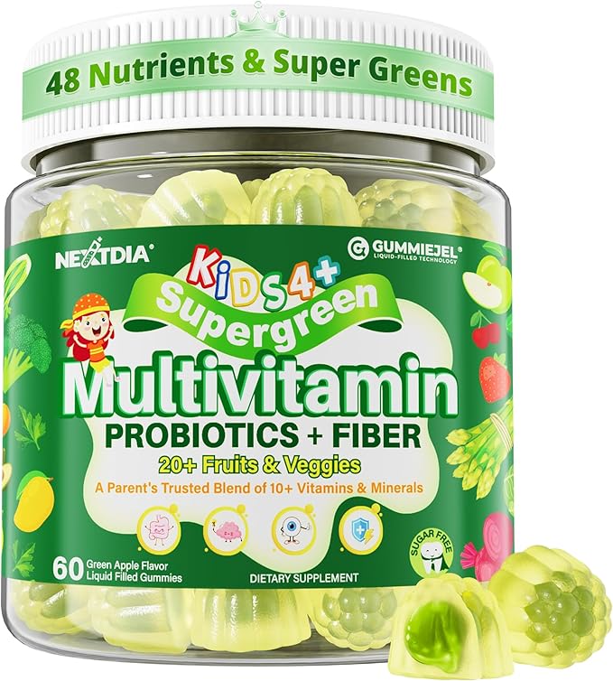 Kids Multivitamin Gummies 20+ Super Greens Fruit and Veggies Supplement Superfood Daily Gummies with Probiotics for Kids Gummy Vitamins &amp Minerals for Tummy &amp Immune Support -Vegan Sugar Fre