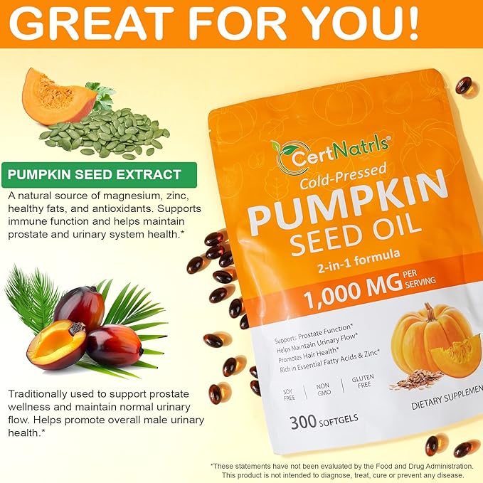 Pumpkin Seed Oil Capsules with Saw Palmetto 300 Softgels Pumpkin Seed Oil for Hair Growth Supports Urinary Bladder &amp Prostate Health Cold Pressed &amp Pure Virgin Gluten Free Non-GMO SOY F