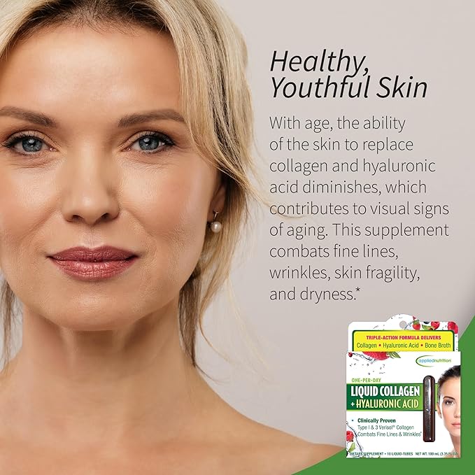 Applied Nutrition Liquid Collagen + Hyaluronic Acid - 10 Liquid Tubes Pack of 3 - Skin &amp Nail Restoration - Mixed Berry Flavor - 30 Servings