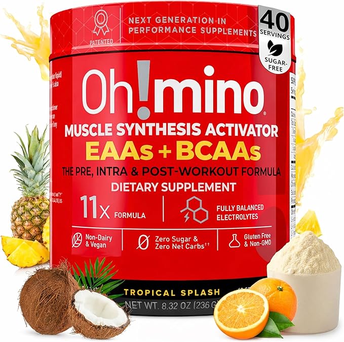 Oh!mino Essential Amino Acids Supplement Drink Powder Tropical Splash Cafeeinated Powder All 9 EAAs BCAAs and The Perfect Amino for Workouts Amino Energy and to Build Muscle and Recover Faster