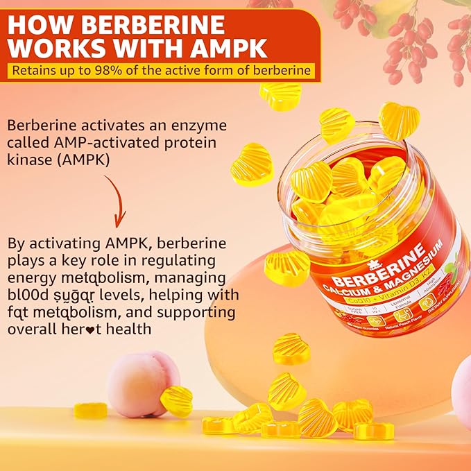 LILICARE Berberine Gummies Sugar Free Extra Absorption with Liposomal Berberine &amp Berberine HCI Calcium Magnesium AMPK Activitor for Sugar &amp Level Energy MetabolismVegan Pack of 1