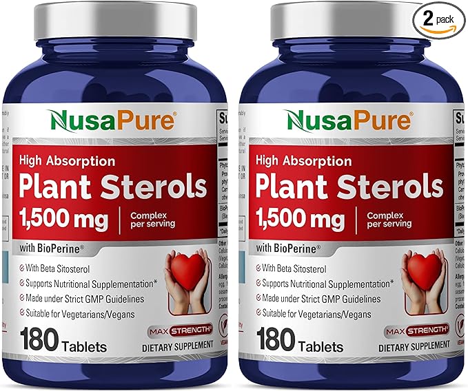 NusaPure Plant Sterols 1500 mg - 180 Tablets (Non-GMO Vegan) Beta Sitosterol Bioperine (Pack of 2)
