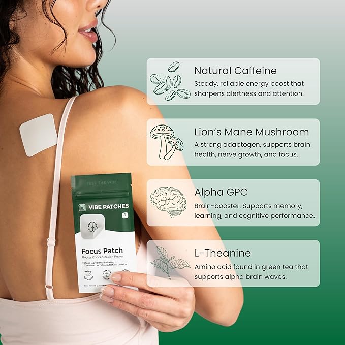 Focus Patch | Wearable Wellness for Focus Support with L-Theanine and Lion’s Mane | Long Lasting Patch for 10 Hours | Vegan &amp Latex Free | 4 Patches Per Pack 3 Pack