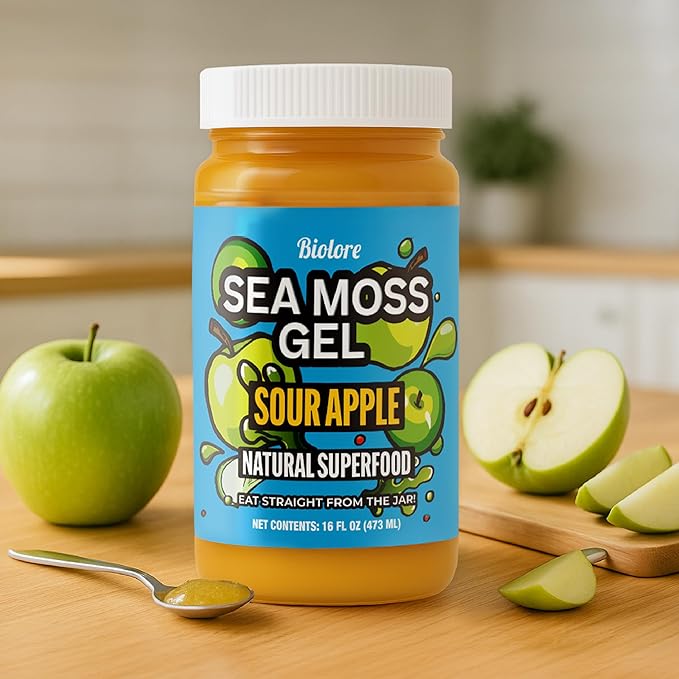 Biolore Sour Apple Sea Moss Gel 16 oz - No Added Sugar Vegan Made in USA - Wildcrafted Sea Moss Superfood with 92 Essential Vitamins - Ready to Use No Prep Needed
