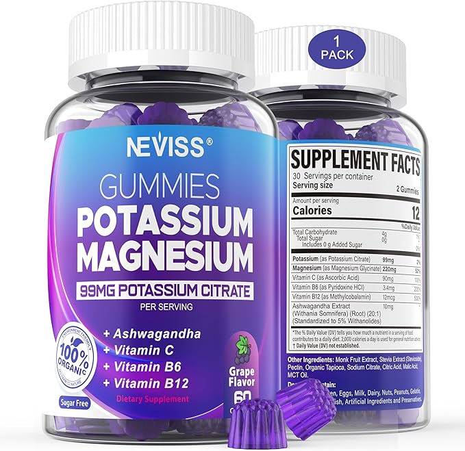 Potassium Magnesium Gummies - Potassium Supplement w/Ashwagandha 200mg Magnesium GlycinateB6B12P-otassium Citrate for Leg CrampsMuscleElectroyte for Adults KidsSugar-Free1Pack