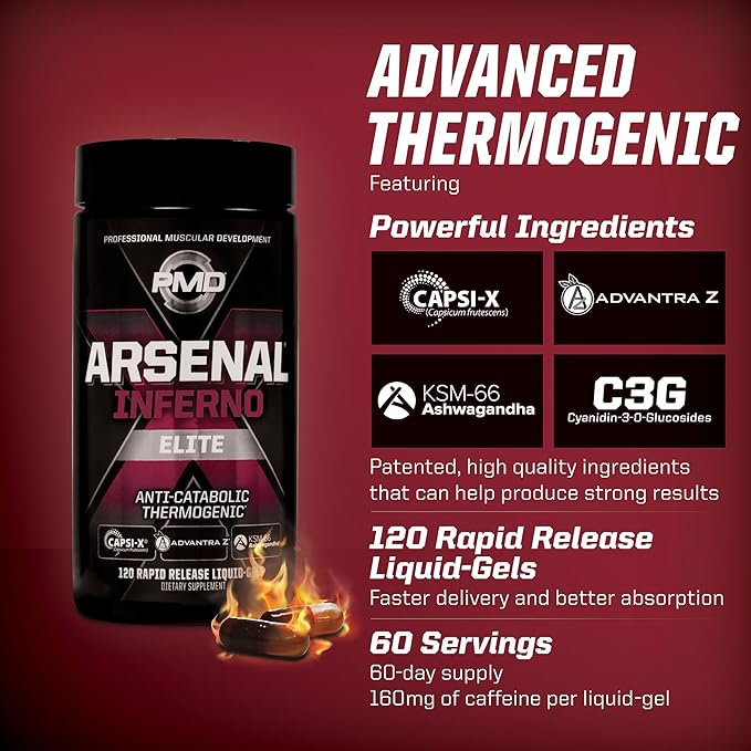 PMD Sports Six Week Inferno Stack - Maximum Strength Fat Burner and CLA Omega Fatty Acid to Lose Fat Fast and Increase Muscle Tone - Arsenal X Inferno/120 Liquid Gels Omega Cuts Elite/180 Softgels