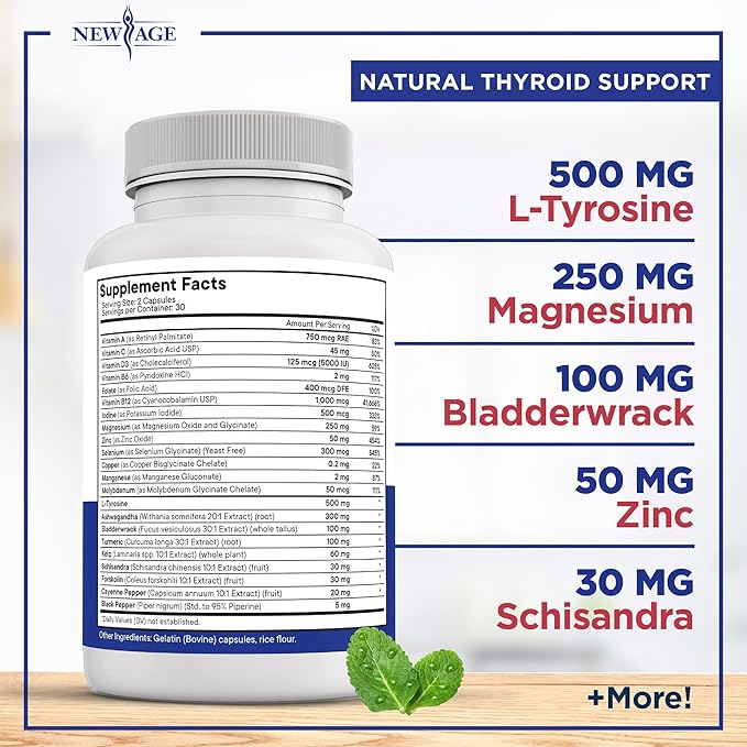 NEW AGE Thyroid Support Supplement for Women &amp Men with Iodine B12 Zinc Selenium Ashwagandha Bladderwrack Turmeric Schisandra - Non-GMO - 120 Count