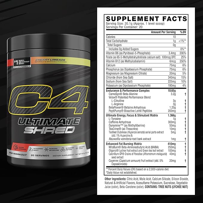Cellucor C4 Ultimate Shred Pre Workout Powder Metabolism Supplement with Cayenne Extract+300mg Caffeine+TeaCrine+Dynamine - Cherry Limeade 20 Servings