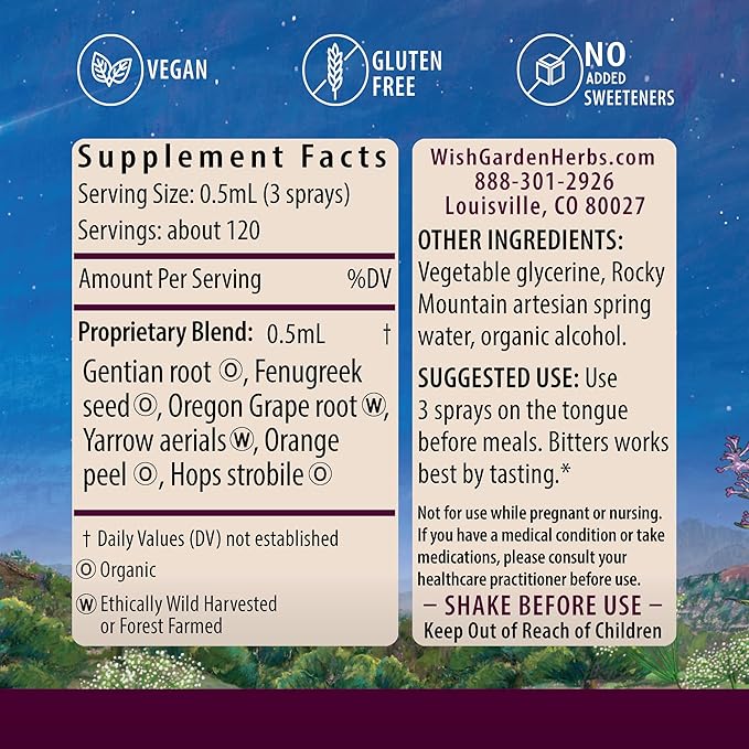 WishGarden Herbs Badass Bitters Organic Digestive Bitters Gentian Root &amp Fenugreek Herbal Formula for Bloating &amp Digestion Swedish Bitters Liquid Spray Gluten-Free Vegan 1oz