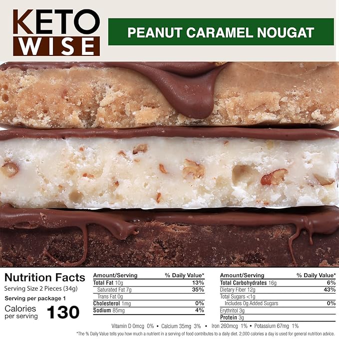 Keto Wise Fat Bombs - Made with Chocolate containing MCT Oil - Low Fat Low Carb and Keto Friendly Snack - 7g Fat 2g Net Carbs | Peanut Caramel Nougat Pack of 16