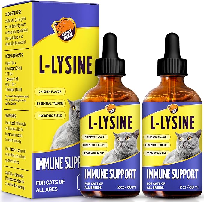 L Lysine for Cats – Gentle Help with Watery Eyes &amp Cough – Breathing Care with Taurine – Vitamins &amp Chicken Flavor for Kittens &amp Senior Pets – 2-Oz x 2 Pack