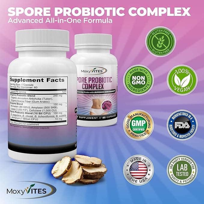 MoxyVites Spore Probiotic Complex - All In One Prebiotics and Probiotics for Digestive Health Postbiotic Digestive Enzymes Daily Supplement - Spore Based Probiotic for Women &amp Men