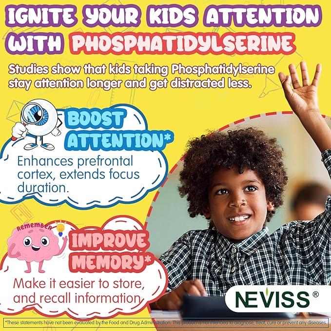 Kids Focus Gummies - Brain Supplements with Vegan Omega 3 DHA Phosphatidylserine L-Theanine L-Tyrosine Methylated B6 &amp B12 for Kids &amp Teen Support Attention Memory Nootropic Sugar Free
