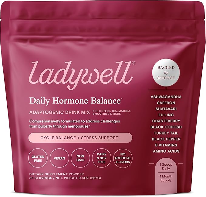 Ladywell Daily Hormone Balance Powder | Natural Cycle Support for Women | Supports Mood Bloating Cramps Skin Health &amp Cravings with Chasteberry B Vitamins Ashwagandha Saffron + | 30 Servings