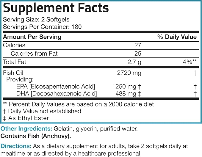 Bronson Omega 3 Fish Oil Triple Strength 2720 mg High EPA 1250 mg DHA 488 mg Non-GMO Heavy Metal Tested 360 Softgels