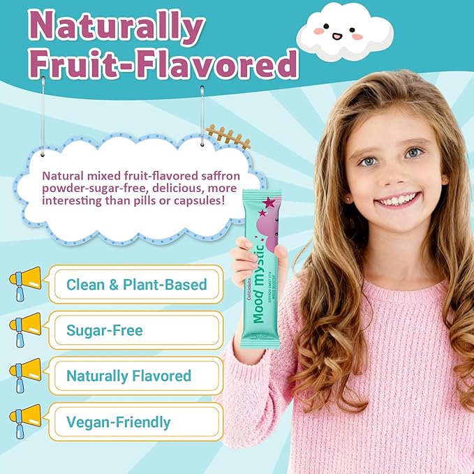 Saffron for Kids – Natural Mood Magic Pixie Stick Powder with Saffron Extract Magnesium Citrate L-Tryptophan &amp Vitamin D3 | Sugar-Free Fruity Drink Mix | 30 Sticks | Ages 4+
