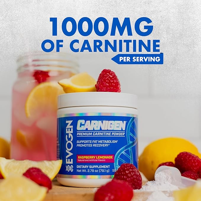 Evogen Carnigen - Premium Carnitine Powder | Supports Fat Metabolism &amp Promotes Recovery | Stimulant-Free L Carnitine Supplement Matrix with Acetyl L-Carnitine | Raspberry Lemonade | 50 Servings