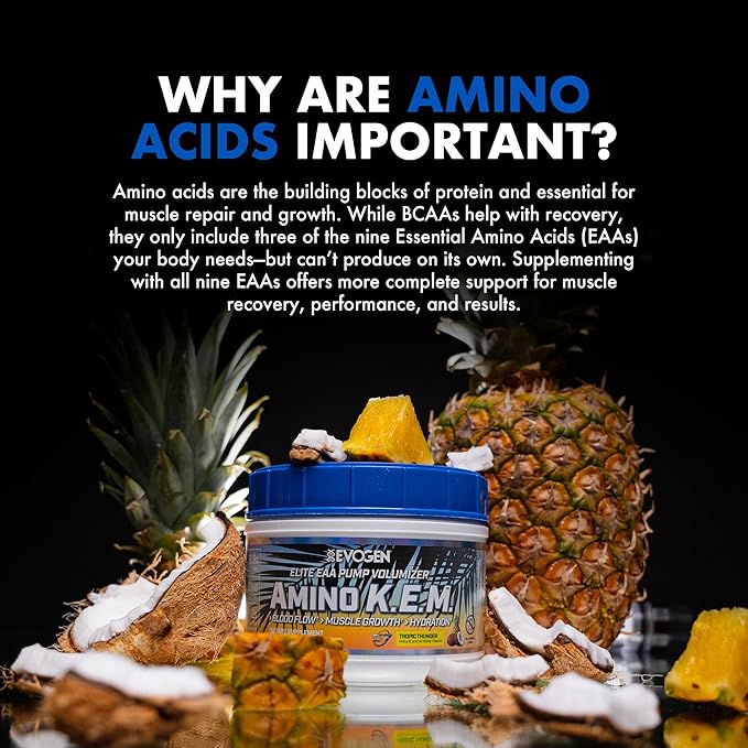 Evogen Amino K.E.M. - EAA &amp BCAA Powder Pump Volumizer | BCAAs Amino Acids Supplement for Blood Flow Muscle Growth &amp Hydration | Tropic Thunder | 30 Servings