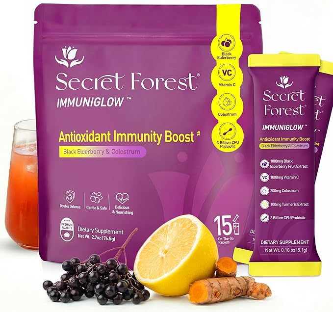 Secret Forest ImmuniGlow 1000mg Vitamin C 1000mg Black Elderberry Probiotics Colostrum Turmeric &amp Zinc – Antioxidant &amp Recovery Formula Daily Immunity &amp Gut Support Drink Mix (15 Pac