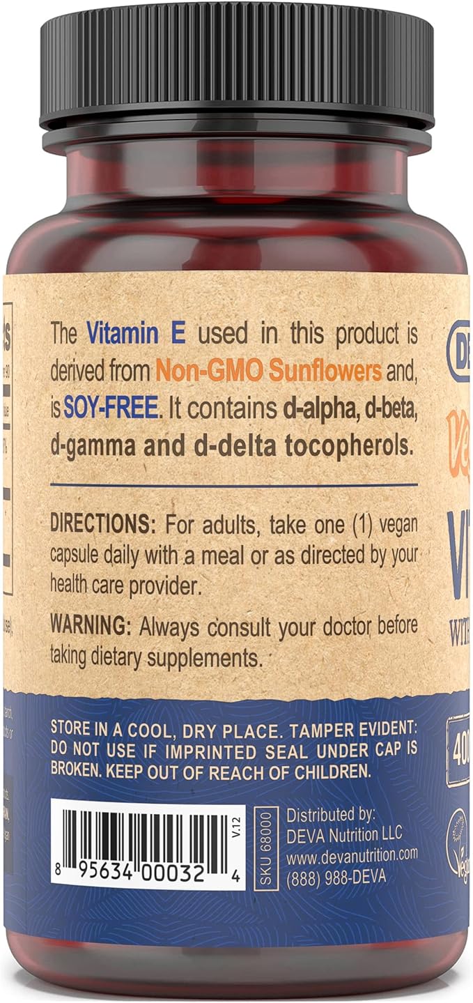DEVA Vegan Natural Source Vitamin E 400IU with Mixed tocopherols Soy-Free – 90 Veg Caps (Pack of 2)